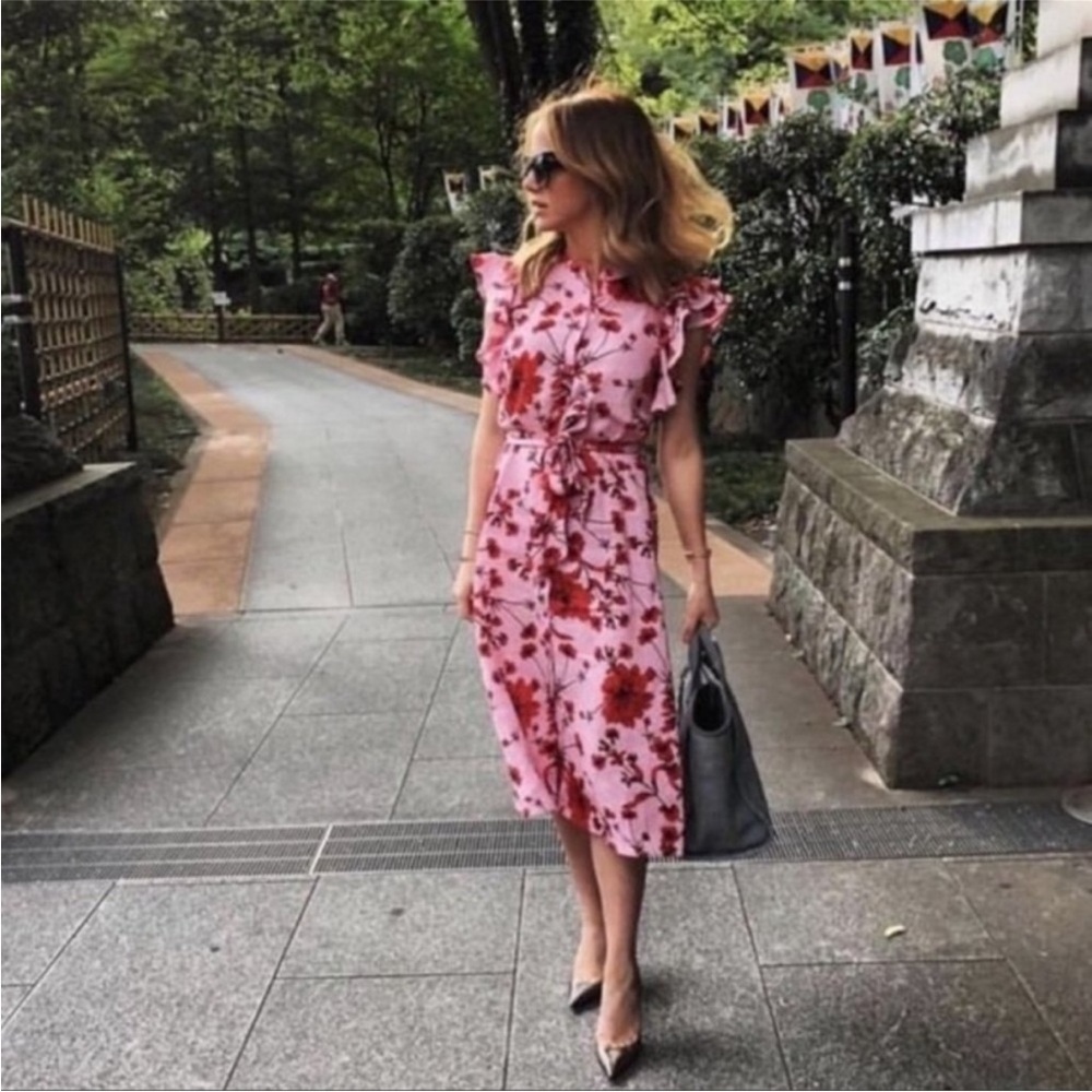 NWT ZARA pink and red floral 100% linen dress